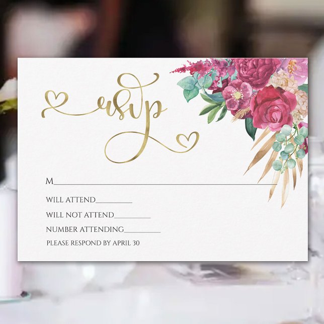 Hetero Rosa Magenta Blommig Elegant Guld Script Hj OSA Kort (Skapare uppladdad)