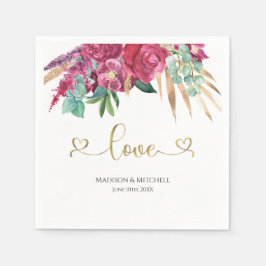 Hetero Rosa Magenta Blommig Elegant Guld Script Hj Pappersservett