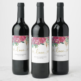 Hetero Rosa Magenta Blommig Elegant Guld Script Hj Vinflaska Etikett