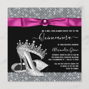Hetero rosa magenta diamant tiara sko Quinceanera Inbjudningar
