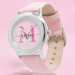 Hetero Rosa Modernt Skript Flickors Monogram Namn Armbandsur<br><div class="desc">Komplettera din look med elegans med vår moderna, heta rosa klocka med flicknamn i modern script! Denna stilrena tidshållare har en livfull hett rosa urtavla, personifierad med ditt namn i en chic modern script för en unik, anpassad look. Perfekt för att lägga till en färgklick till vilken outfit som helst,...</div>
