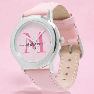 Hetero Rosa Modernt Skript Flickors Monogram Namn Armbandsur