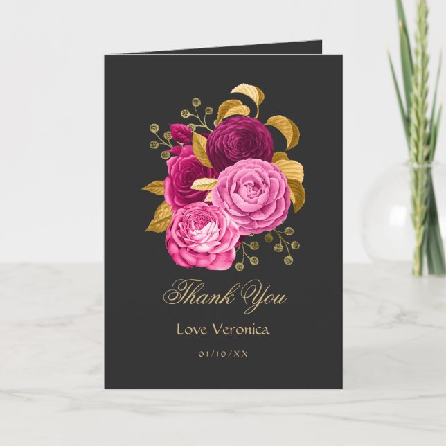 Hetero Rosa och Guld Blommig Tack Kort (Framsida)