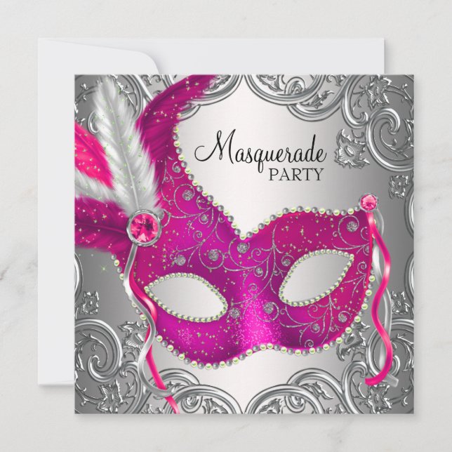 Hetero rosa och silvermaskerad Maskeradfest Inbjudningar (Framsida)
