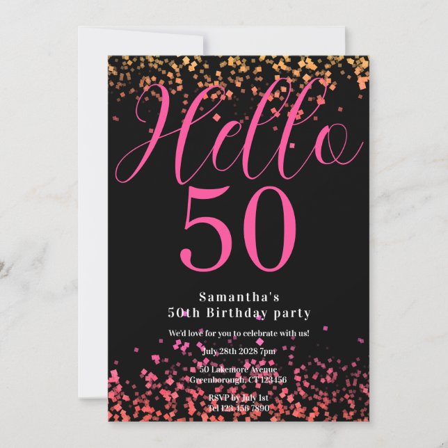 Hetero rosa och svart falskt glitter 50-års födels inbjudningar (Framsida)