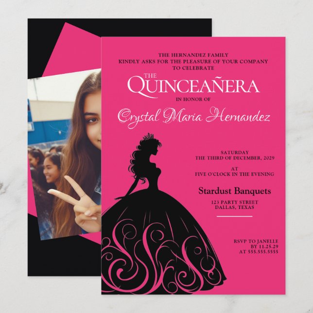 Hetero rosa och svart Quinceañera Inbjudningar (Fram/baksida)