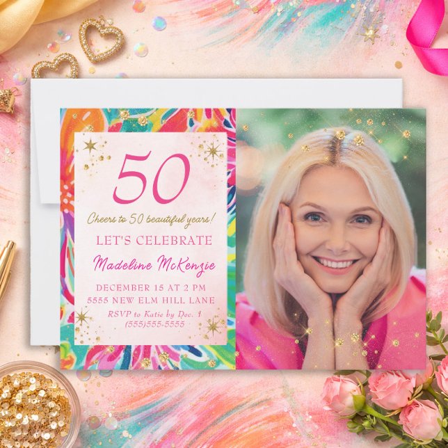 Hetero Rosa Orange Blommor Guld Glitter Foto 50-år Inbjudningar (Hot pink and orange 50th birthday photo invitation)