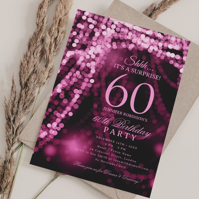 Hetero Rosa | Överraskning 60-årsfest  Inbjudningar (Hot Pink | Surprise 60th Birthday Party Invitation)
