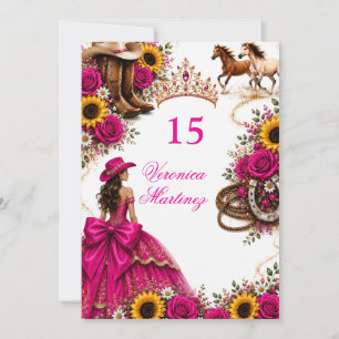Hetero Rosa Solfjäder Fuchsia Vaquera Quinceañera Inbjudningar