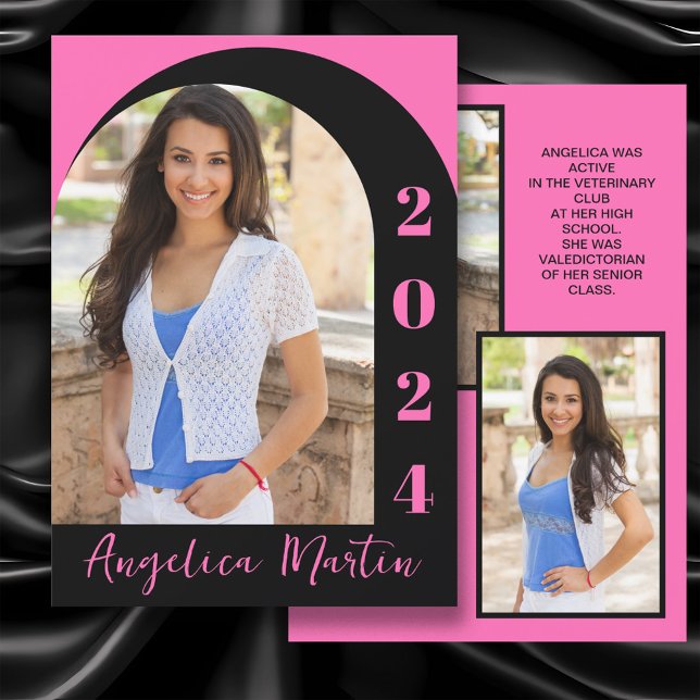 Hetero rosa svart valv foto Klass 2024 Examen  (Hot pink and black arch-photo high school graduation announcement printed on front and back.)