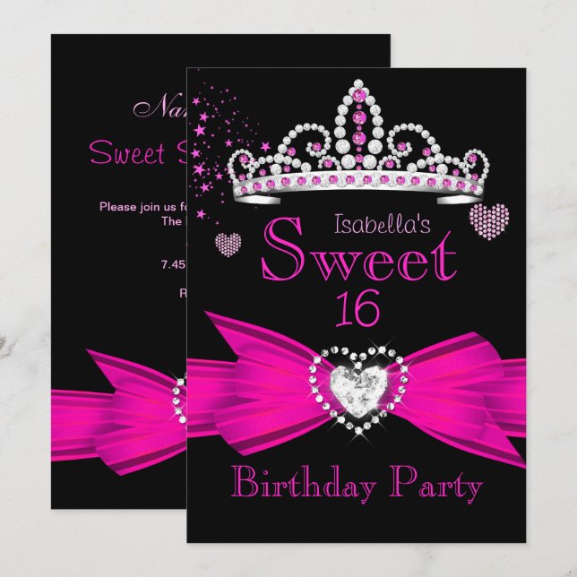 Hetero Rosa Sweet 16 Födelsedags Diamant Tiara 2 Inbjudningar (Fram/baksida)