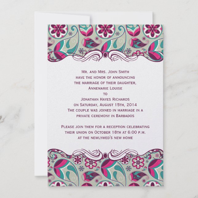 Hetero Rosa Teal Paisley Efter Bröllop Inbjudningar (Framsida)