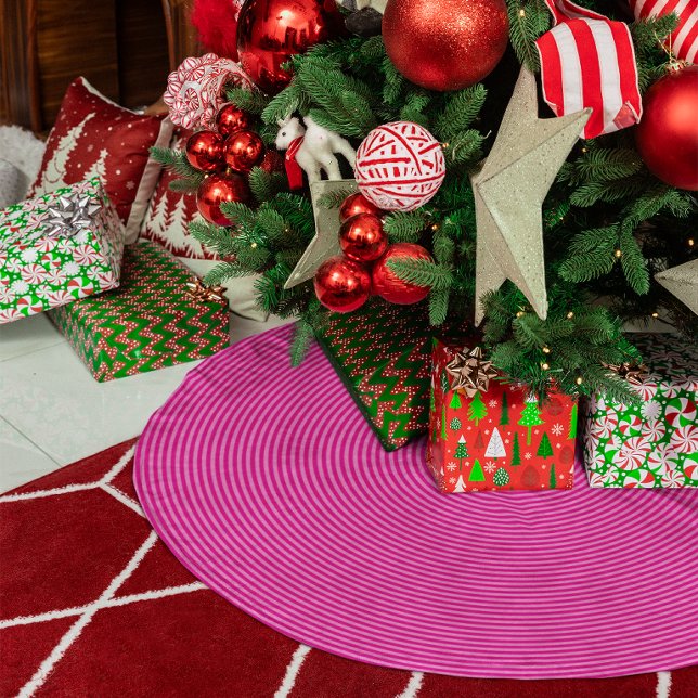 Hetero Rosa Tunn Koncentriska Cirklar Julgransmatta Borstad Polyester (Hot Pink Thin Concentric Circles Brushed Polyester Tree Skirt)