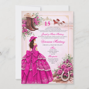 Hetero Rosa Västerländsk Quinceañera Fuchsia Inbjudningar