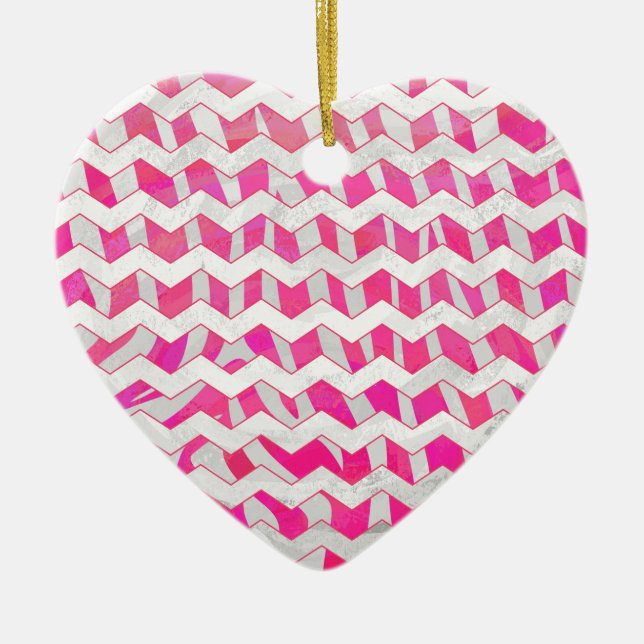 Heterochromatisk Rosa och Vit Chevron-Zebra Julgransprydnad Keramik (Framsidan)