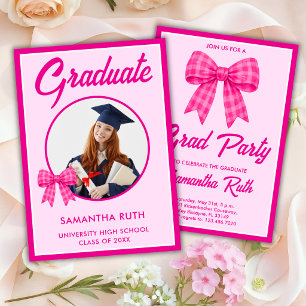 Heterojje Rosa Gingham rosett Fotogradueringsfest Inbjudningar