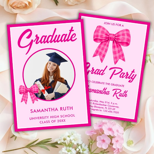Heterojje Rosa Gingham rosett Fotogradueringsfest Inbjudningar (Skapare uppladdad)