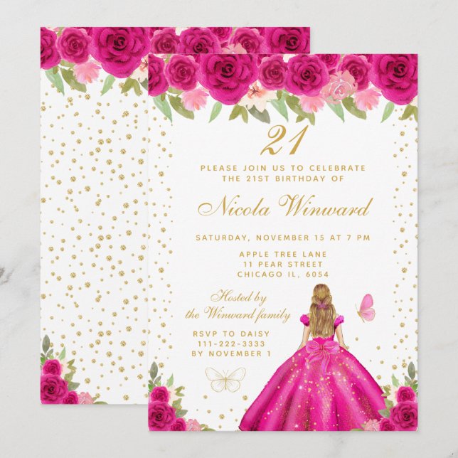 Heterojubileum för prinsessa med hetrosa blont hår inbjudningar (Fram/baksida)