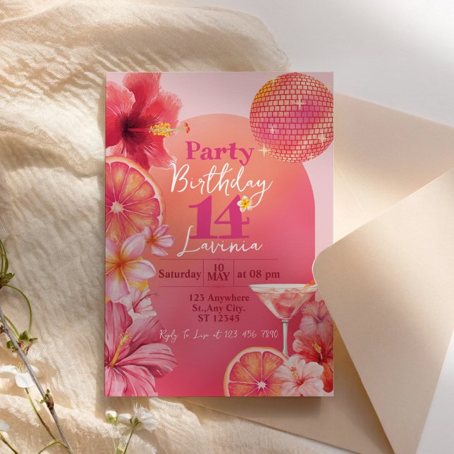Hetrosa Citrus Tropisk Disco Glitter Födelsedag Inbjudningar (Hot Pink Citrus Tropical Disco Sparkle Birthday Invitation)