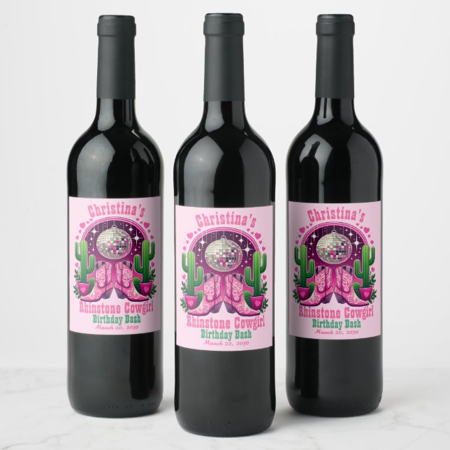 Hetrosa Rosa Cowboy Stövlar & Disco Boll Möhippa Vinflaska Etikett (Flaskor)