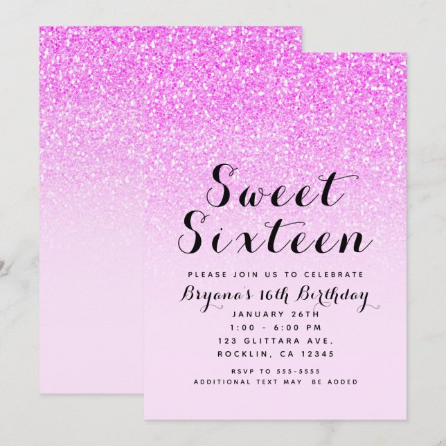 Hetrosa Rosa Glitter Gnistrande Glamour Söt 16 Föd Inbjudningar (Fram/baksida)