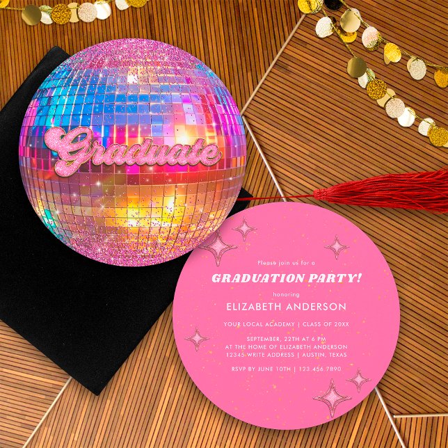 Hetrosa Rosa Glitter Retro Diskoboll Examenfestiva Inbjudningar (Skapare uppladdad)