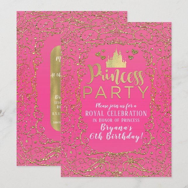 Hetrosa Rosa & Guld Slott PRINSESS-PARTY Födelseda Inbjudningar (Fram/baksida)