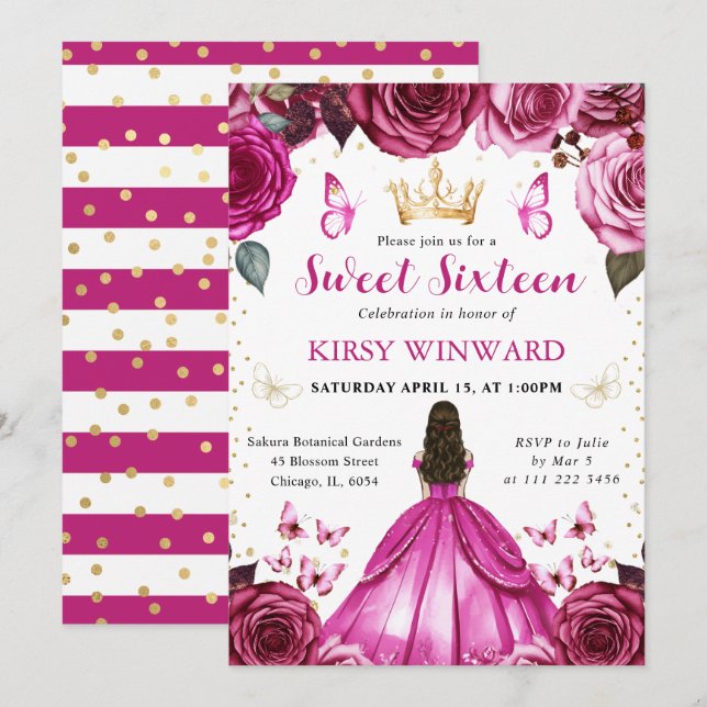 Hetrosa Rosa Klänning Brunett Prinsessa Sweet 16 Inbjudningar (Fram/baksida)