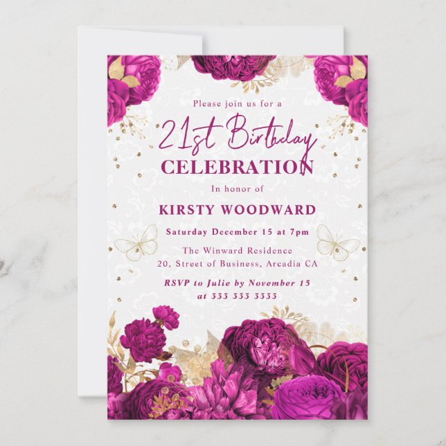 Hetrosa Rosa och Guld Rosor Blommig 21-årsdag Inbjudningar (Framsida)