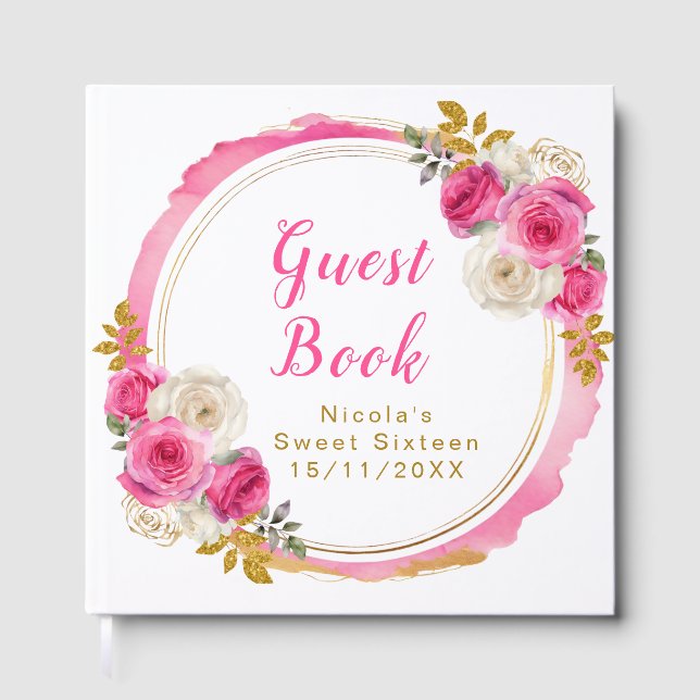 Hetrosa rosa och gulda eleganta blommor Sweet Sixt Gästböcker (Framsida)