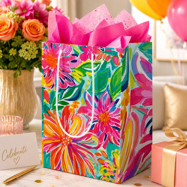 Hetrosa rosa orange tropiska akvarellblommor  (Medium gift bag)