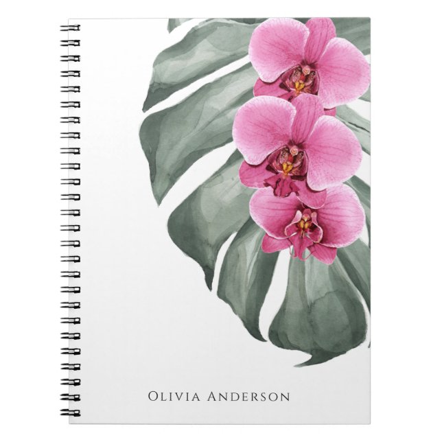 Hetrosa Rosa Orkidéer Tropisk Akvarell Blomma Anteckningsbok (Framsidan)