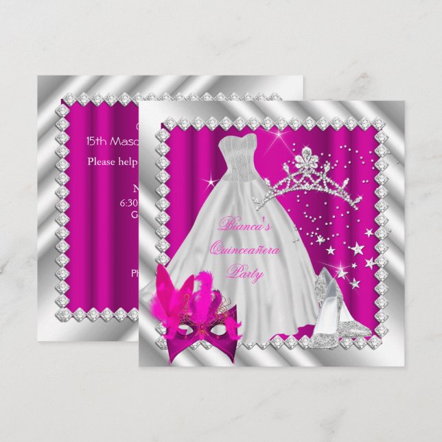 Hetrosa Rosa Quinceanera 15-års Maskeradfest Inbjudningar (Fram/baksida)