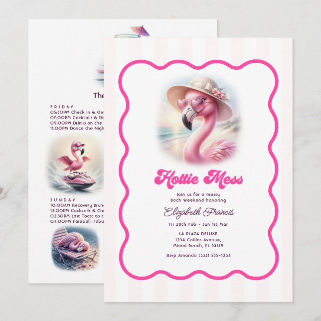 Hetrosa Rosa Roliga Flamingo Strand Sällskapsresa  Inbjudningar (Fram/baksida)