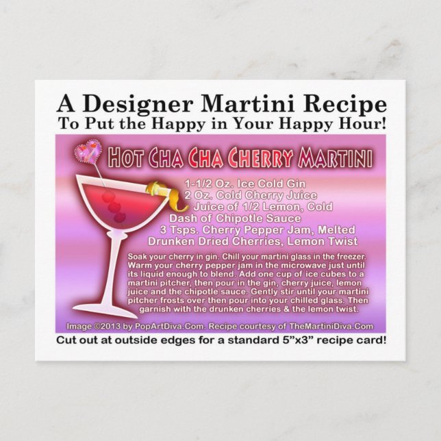 HETT CHA CHA CHERRY MARTINI RECIPIPING POSTCARD VYKORT (Framsida)