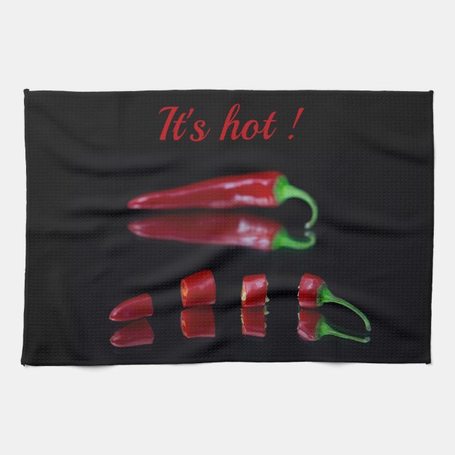 Hett chili pepper-fotoröd och svart med text kökshandduk (Horisontell)