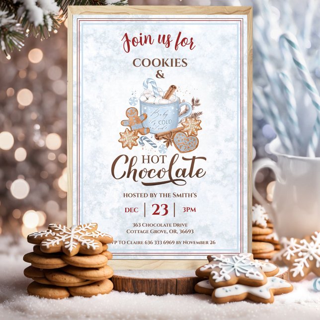 Hett Chocolate and Cookies Blue jul Party Inbjudningar (Hot Chocolate And Cookies Blue Christmas Party Invitation)