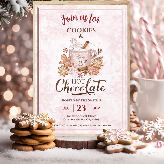 Hett Chocolate and Cookies Rosa jul Party Inbjudningar (Hot Chocolate And Cookies Pink Christmas Party Invitation)