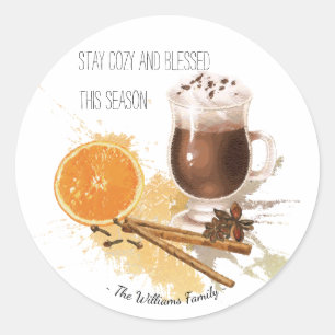 Hett Chocolate Cinnamon Orange Season Hälsning Runt Klistermärke