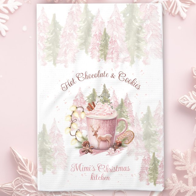 Hett Chocolate & Cookies Namn Rosa jul Kökshandduk (Hot Chocolate & Cookies Name Pink Christmas Kitchen Towel)