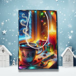Hett Chocolate i ett julfönster<br><div class="desc">julklapp. Ett söt fönster på julscenen med ett ångande varmt kopp av hett choklad,  ett tänt ljus på en snökväll.</div>
