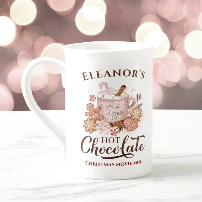 Hett Chocolate Namn Rosa Bone China jul Mugg Benporslin Mugg (Hot Chocolate Name Pink Bone China Christmas Mug)