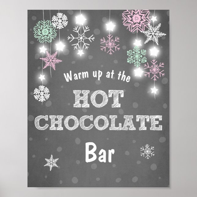 Hett Chocolate Pub Sign Rosa snöflingor Rustic Poster (Framsidan)
