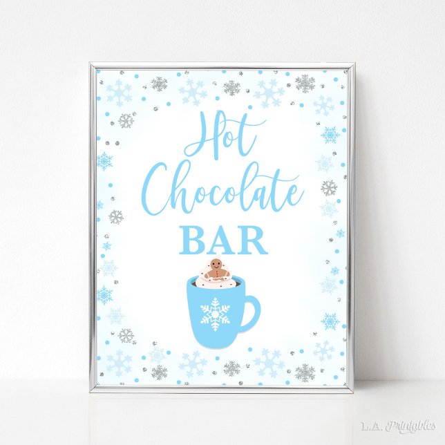 Hett Chocolate Pub Winter Blue Snöflingor Sign Poster (Hot Chocolate Bar Sign, Winter Blue & Silver Glitter Snowflakes Theme)