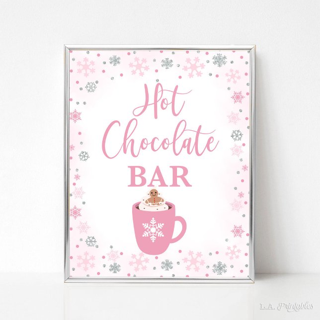 Hett Chocolate Pub Winter Rosa Snöflingor-tecken Poster (Hot Chocolate Bar Party Sign, Winter Pink & Silver Glitter Snowflakes Theme)