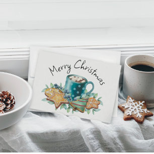 Hett Chocolate with Cookies and Greenery Flat Julkort