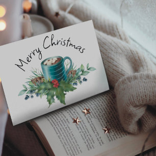 Hett Chocolate with Holly and Winter Greenery Flat Julkort