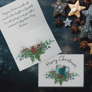 Hett Chocolate with Holly and Winter Greenery Helgkort