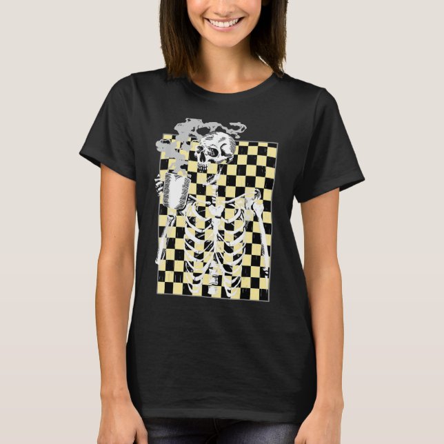 Hett Coffee Skeleton Drinking Coffee Leopard Manar T Shirt (Framsida)