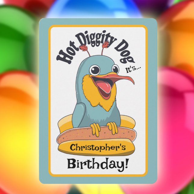 Hett Diggity Hund Crazy Bird Kid Födelsedagsfest V Inbjudningar (Crazy hot dog bird kids birthday party invitation)